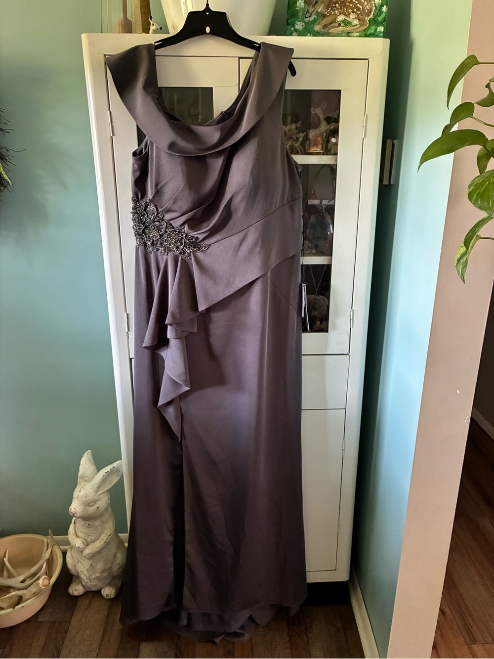 Cameron Blake sz 16 Gray Evening Gown with Beaded Waist nwt Off Shoulder